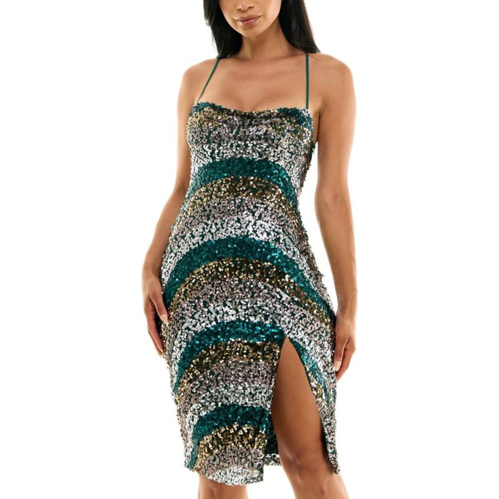 City Studio Womens Juniors Sequins Slit Slip Midi Cocktail Bodycon Dress, NWT